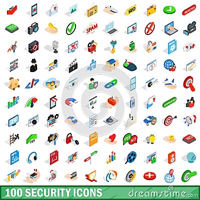 100 security icons set, isometric 3d style Vector Illustration