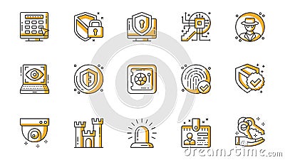 Security icons set in outline stroke design for web. Pack line pictograms with password, shield, padlock, computer Vector Illustration