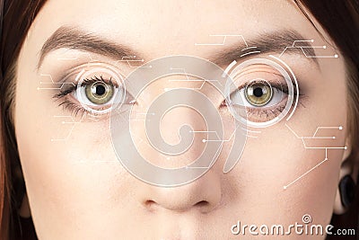 Security Iris or Retina Scanner being used on an Intense macro human Eye, with Limited Palette. Stock Photo