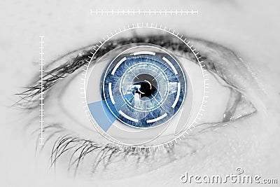 Security Iris Scanner on Blue Human Eye Stock Photo