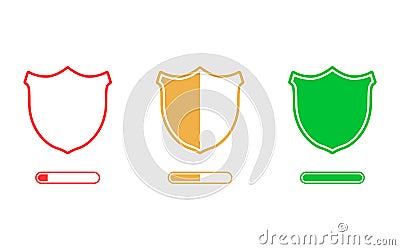 Security levels icons with shields. Loading security concept. From low to complete security. Vector Vector Illustration