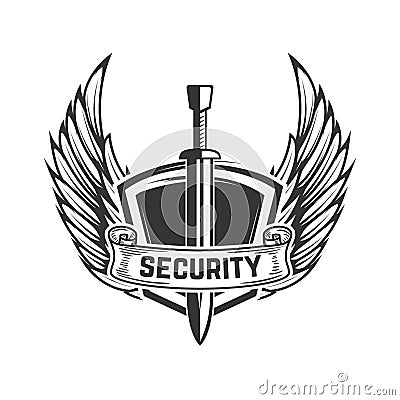 Security. Medieval sword with wings. Design element for logo, label, emblem, sign, badge. Vector Illustration