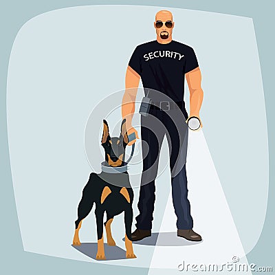 Security officer holding leash guard dog Vector Illustration