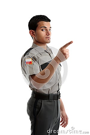 Security officer or warden pointing finger Stock Photo