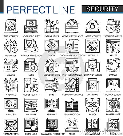 Security outline mini concept symbols. Data PC Protection technology modern stroke linear style illustrations set Vector Illustration