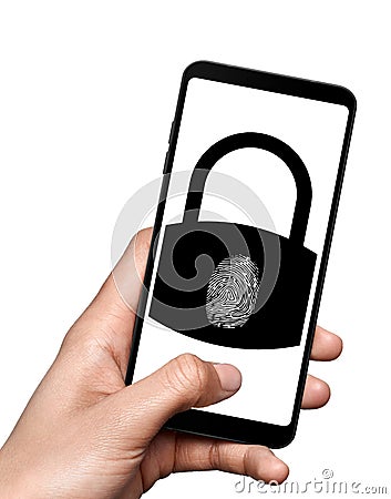 Security of personal data on a smartphone, methods of protection and unlocking. A fingerprint is an impression left by the frictio Stock Photo