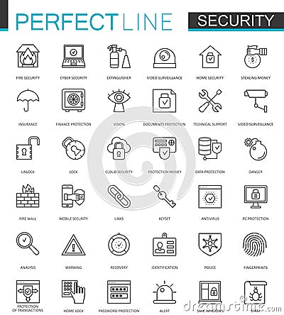 Security protection thin line web icons set. Data, web, personal and home security outline stroke icons design. Vector Illustration