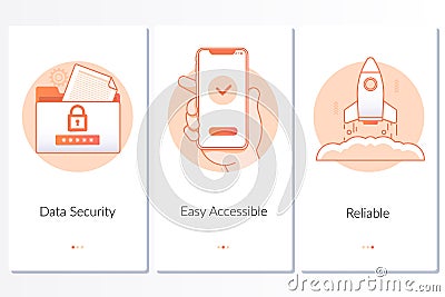 Security, quick and easy launch, reliable service steps graphic instruction.Modern blue interface UX, UI GUI screen Vector Illustration