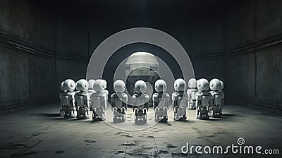 Security Robots Huddle In Dark Concrete Room Stock Photo