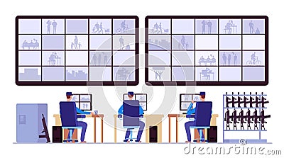 Security room. Professionals monitoring in control center with cctv monitors Vector Illustration