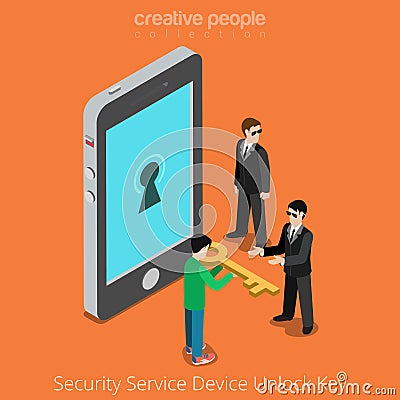 Security Service Device Unlock Key. Special agents taking universal clue to smartphone. Flat 3d isometry isometric style web site Vector Illustration