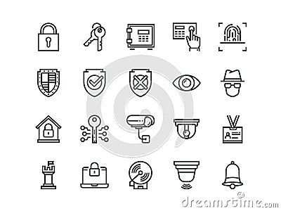 Security. Set of outline vector icons. Includes such as FingerPrint, Electronic key, Spy, Password, Alarm and more. Vector Illustration