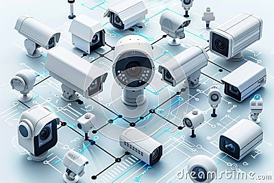 Security setups automated through networks manage CCTV systems and operational dashboards, overseen by security data intelligence Cartoon Illustration