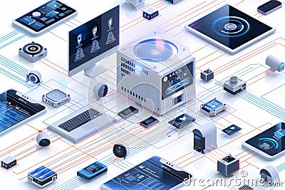 Security setups integrate surveillance and protection encryption, using security concepts that authorize viewing and management, e Cartoon Illustration