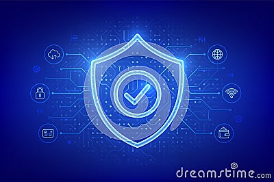 Security shield. Cyber security. Protection shield with Check mark icon. Cyber data protection. Information privacy idea. Network Vector Illustration
