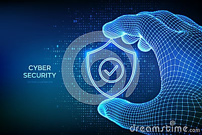 Security shield. Cyber security. Protection shield with check mark icon in a wireframe hand on binary code background. Digits 1.0 Vector Illustration