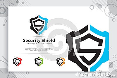 Security shield tech vector logo design with modern concept , abstract illustration symbol of cyber security for digital template Vector Illustration