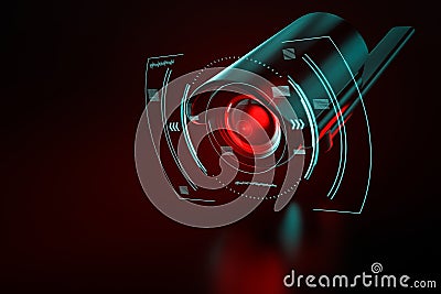 Security surveillance camera with interface or HUD around it on an even background. Copy space for text on left side. 3D rendering Stock Photo