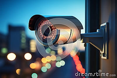 Security surveillance CCTV camera on a window with bokeh light Stock Photo