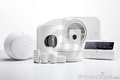 security system with array of motion and lighting sensors, cameras, and alarms Stock Photo