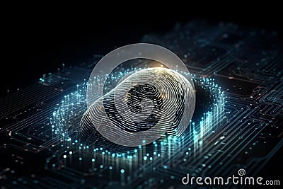 Security system concept of technology device is using technological fingerprint to access it. Generative AI Stock Photo