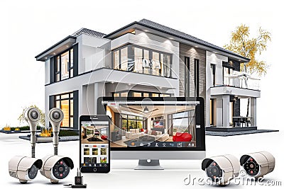 Security system integrates distance monitoring with safeguarding content distribution through algorithms, camera alerts, and a dig Cartoon Illustration