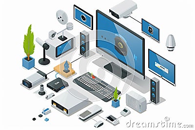 Security systems with automated alarms utilize smart home interfaces, integrating IoT technologies with cameras to ensure a secure Cartoon Illustration