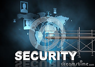 Security Text with 3D Scaffolding and world network interface Stock Photo