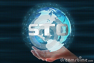 Security Token Offering STO text on 3D Rendering futuristic globe sphere led surrounded by global network connection Stock Photo