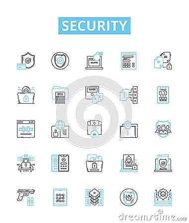Security vector line icons set. Protection, Safeguard, Armor, Shield, Fortress, Fortify, Barricade illustration outline Vector Illustration