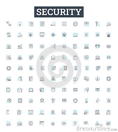 Security vector line icons set. Protection, Safeguard, Armor, Shield, Fortress, Fortify, Barricade illustration outline Vector Illustration