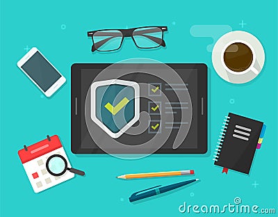 Security verification check list vector digital test, identity fraud spy checklist scan on tablet computer workdesk Vector Illustration