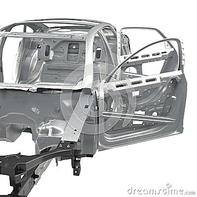 Sedan without cover with opened doors on white. 3D illustration Cartoon Illustration