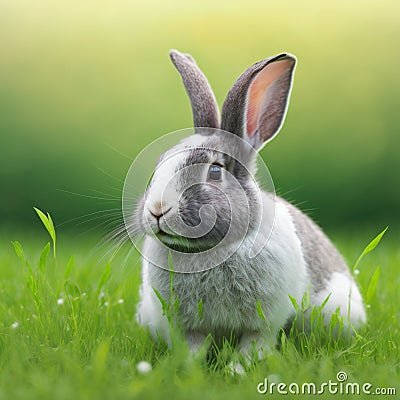 Sedate easter English Spot rabbit portrait full body sitting in green field Stock Photo