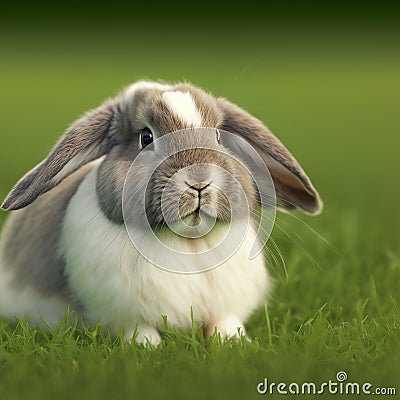 Sedate easter Mini Lop rabbit portrait full body sitting in green field Stock Photo