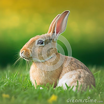 Sedate easter Palomino rabbit portrait full body sitting in green field Stock Photo