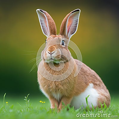 Sedate easter Palomino rabbit portrait full body sitting in green field Stock Photo