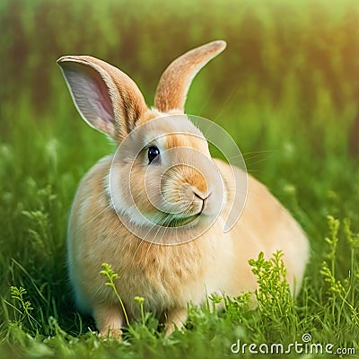 Sedate easter Palomino rabbit portrait full body sitting in green field Stock Photo