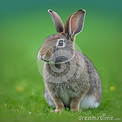 Sedate easter rabbit portrait full body sitting in green field Stock Photo