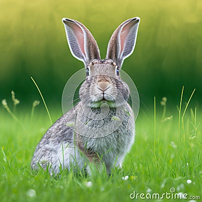 Sedate easter rabbit portrait full body sitting in green field Stock Photo