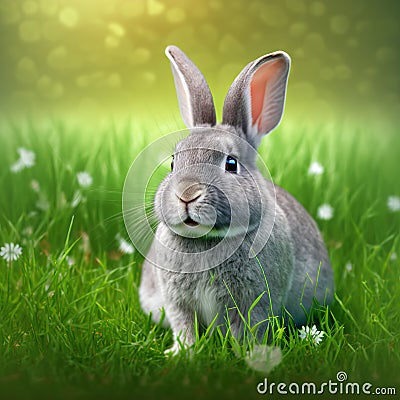 Sedate easter Standard Chinchilla rabbit portrait full body in green field Stock Photo