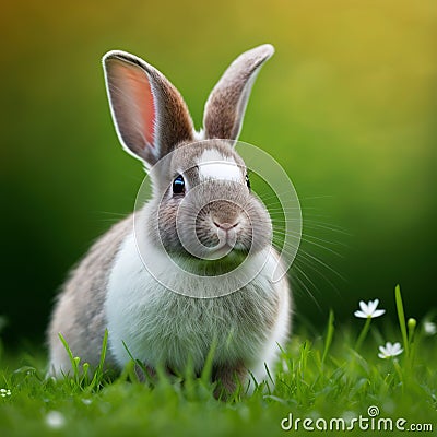 Sedate easter white Hotot rabbit portrait full body sitting in green field Stock Photo