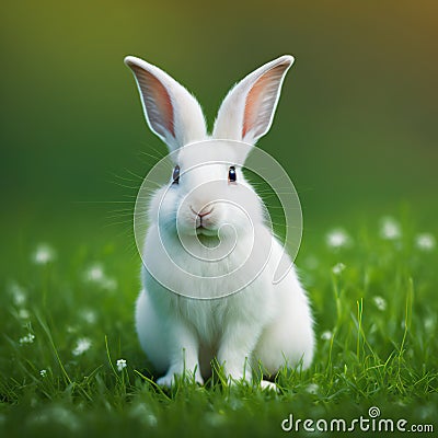 Sedate easter white Hotot rabbit portrait full body sitting in green field Stock Photo