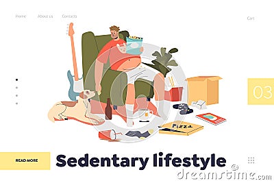 Sedentary lifestyle concept of landing page with fat man with obesity eating fastfood sit at home Vector Illustration