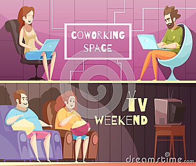 Sedentary Lifestyle Retro Cartoon Banners Vector Illustration