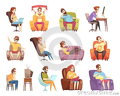 Sedentary Lifestyle Retro Cartoon Icons Set Vector Illustration