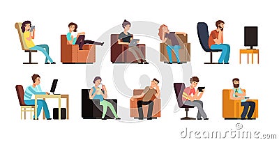 Sedentary man and woman on couch watching tv, phone, reading. Lazy lifestyle cartoon vector characters isolated Vector Illustration