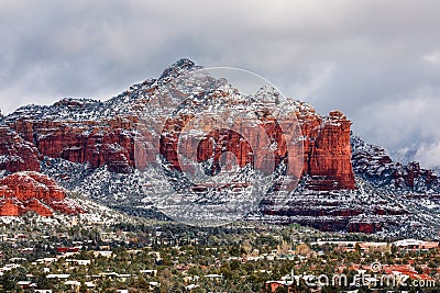 Sedona, Arizona and Coffee Pot Rock covered with snow. Editorial Stock Photo