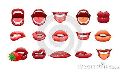 Seductive female mouth with red lips performing emotions set screaming, singing, kiss, smiling Vector Illustration