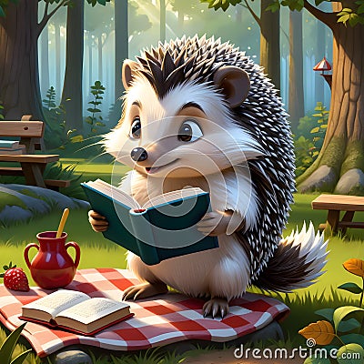 We see a cartoon hedgehog, who stands on two legs and has a cute smile on his face, engrossed in reading a book. Stock Photo